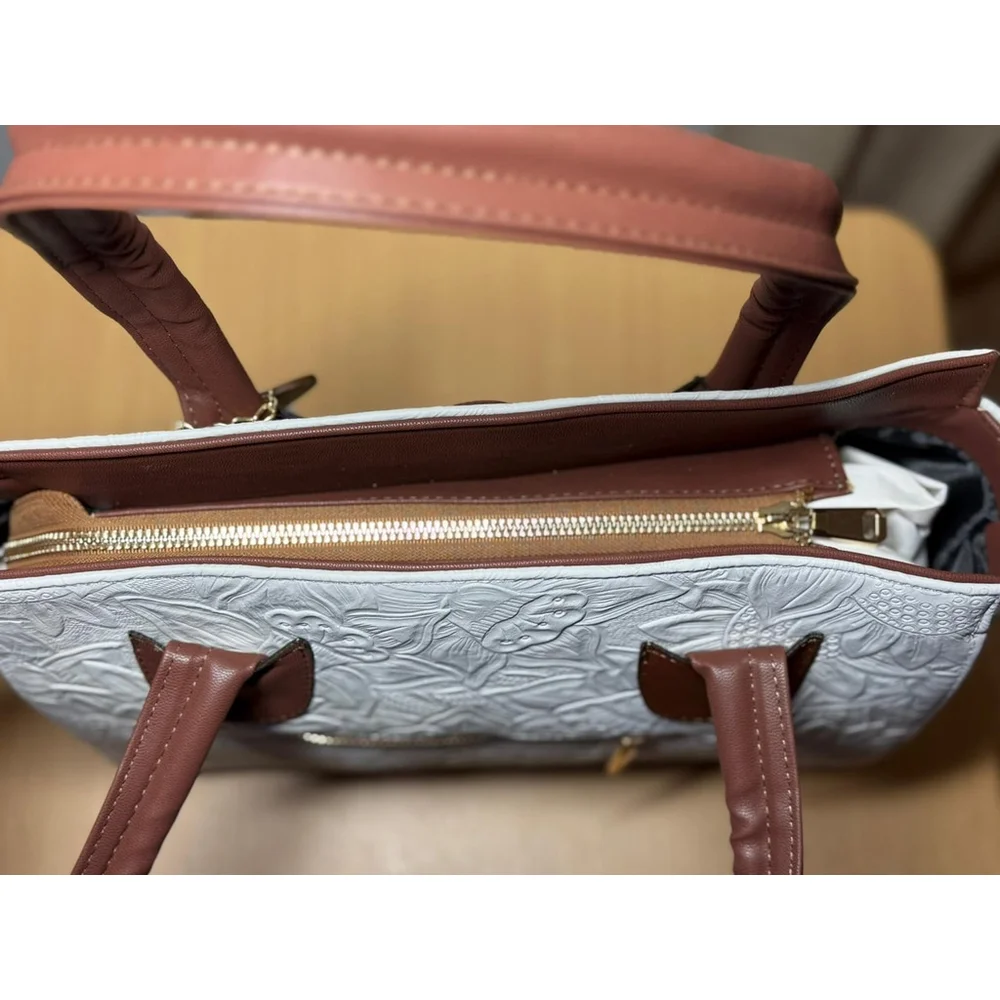 Floral White & Brown Cross Stitch Embossed Tooled Artisan LEATHER Bag Purse Tote
